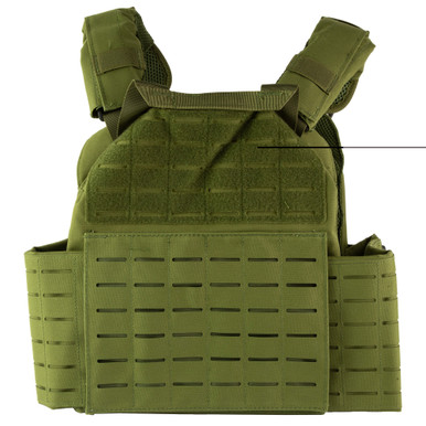 Green plate carrier showing kangaroo pouch with removable triple magazine insert detail