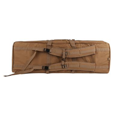 Close-up of lockable zippered compartment and heavy-duty metal zipper pulls on tan rifle case