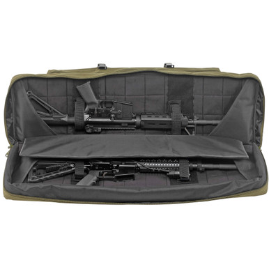 Close-up of green nylon double rifle case zipper pulls and padded carry handles