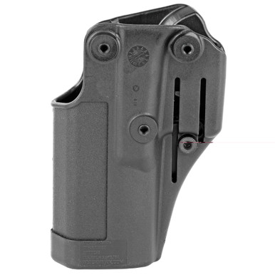 Side angle view of BLACKHAWK SERPA CQC holster showing Auto-Lock retention button and speed-cut opening