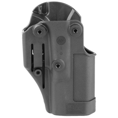 Side angle view of BLACKHAWK SERPA CQC holster showing belt loop and paddle platform attachment