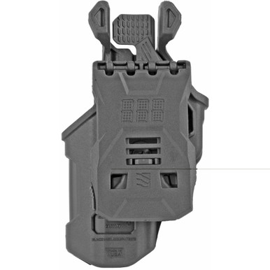 Side angle view of Blackhawk T-Series L2C black OWB holster for Glock 43