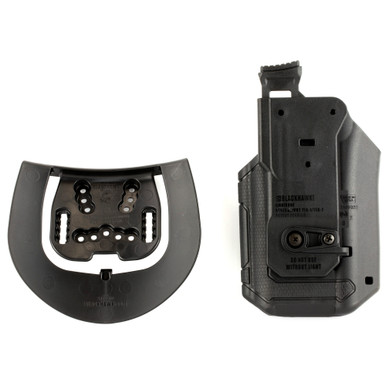 Close-up of Omnivore holster thumb-release retention mechanism for rail-equipped handguns