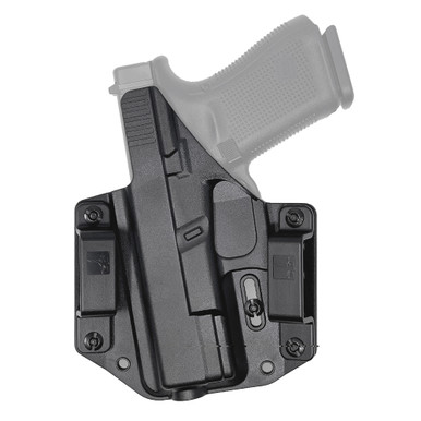Side angle view of Bravo BCA OWB Glock 19 holster retention detail