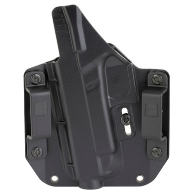 Side angle view of Bravo BCA OWB black holster showing precise Glock 48 fit and belt attachment