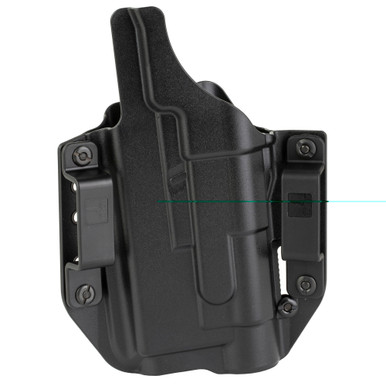 Bravo Concealment BCA OWB Holster side angle showing retention adjustment screw and belt attachment