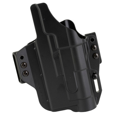 Side angle view showing retention clip and belt attachment detail on Bravo Concealment IWB holster
