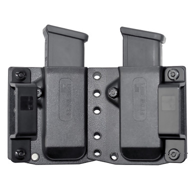 Side angle view of black double magazine pouch with OWB belt loops