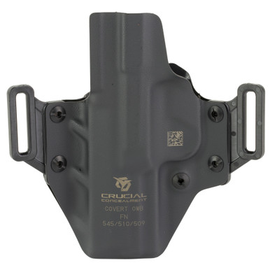 Side angle view showing adjustable cant and retention on Crucial Concealment black OWB holster