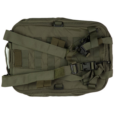 HSP FlatPack Plus expandable tactical backpack in Ranger Green, side angle view showing expansion system