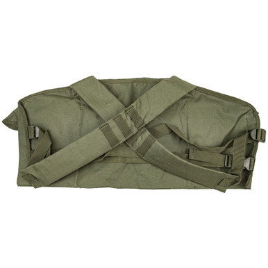 Close-up of green NcStar AK chest rig utility pouches with quick-connect buckle flaps