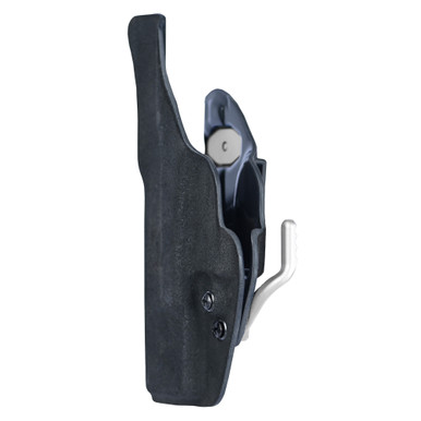 Low-profile belt clip and five-point interlock mounting plate detail on black G-Code Phenom holster