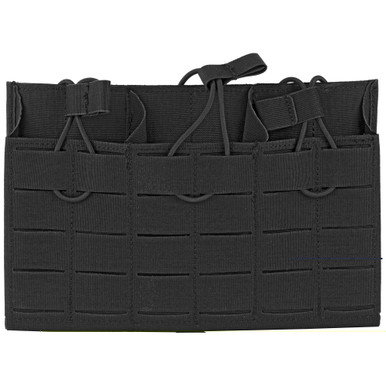 Grey Ghost Gear Triple 5.56 Mag Pouch in black, front view showing MOLLE attachment and bungee strap