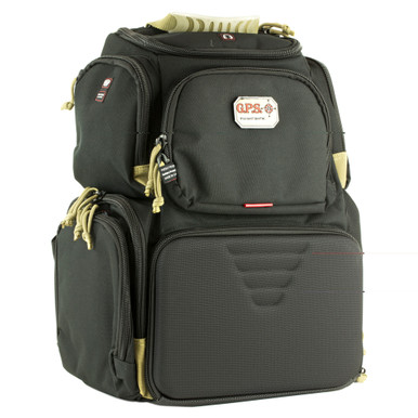 GPS Handgunner Backpack in black and tan, freestanding range bag