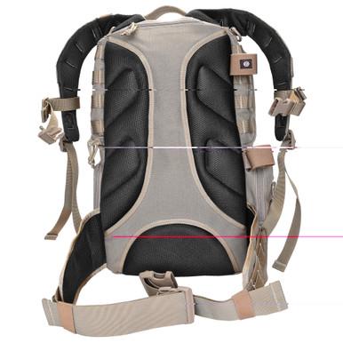 Side angle view of GPS Tall Tan Tactical Range Backpack highlighting compartment layout