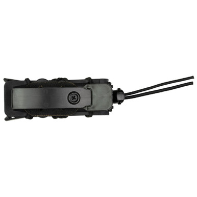 Side angle view showing shock cord lacing and flared opening of black Pistol Taco V2