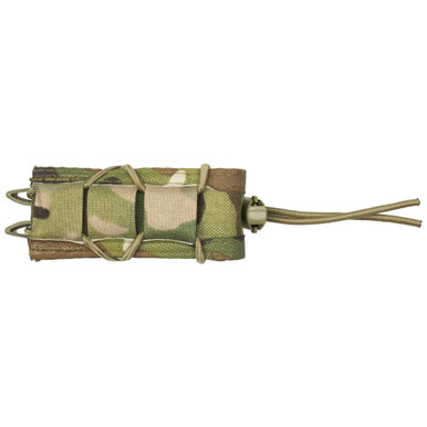 Side angle view showing elastic retention cords and MOLLE attachment on HSGI Pistol TACO Multicam