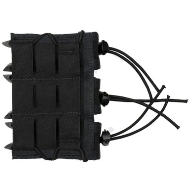 Side angle view showing elastic shock cord and polymer brackets on black TACO pouch