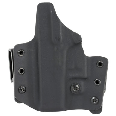 Side angle view showing adjustable retention and interchangeable belt loops on LAG Defender holster