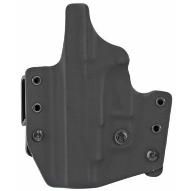 Side angle view showing adjustable retention and interchangeable belt loops on LAG Defender holster