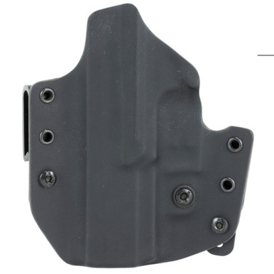 Close-up of adjustable retention and interchangeable belt loops on L.A.G. Tactical Defender holster