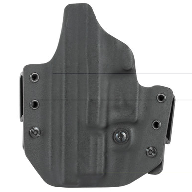 Side angle view showing adjustable retention and interchangeable belt loops on Defender holster
