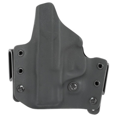 Side angle view of LAG Defender holster showing adjustable retention screw and dual belt loop design