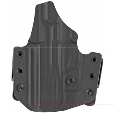 Side angle view showing adjustable belt loops on black Kydex combo holster