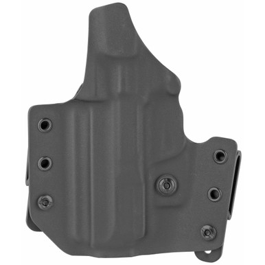 Side angle view showing adjustable belt loop attachments on black Kydex holster