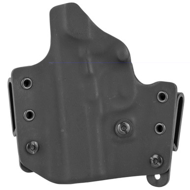 Side angle view showing adjustable retention and interchangeable belt loops on Defender holster