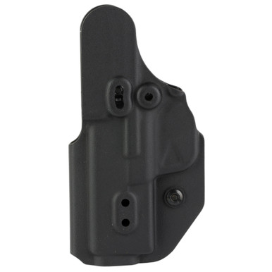 Side angle view of L.A.G. Tactical Liberator Mk II black Kydex holster showing retention detail