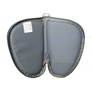 Gray pistol rug open showing padded interior compartment and muzzle pocket