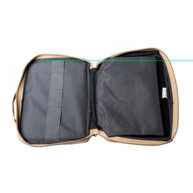 Interior hook and loop retention straps holding full-sized pistol and magazines