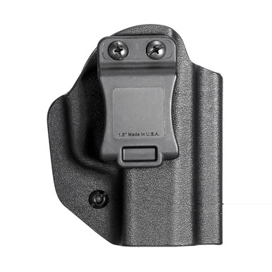 Side angle view of MFT Sig P365 black holster showing adjustable retention and belt clip