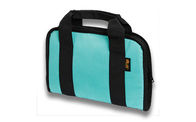 Interior of Robin Egg Blue attaché pistol case showing handgun and magazine storage layout