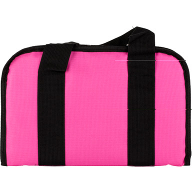 Pink attaché pistol case open showing handgun cavity and magazine storage slots