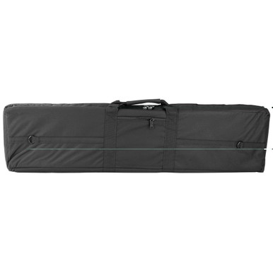 Interior webbing system and padded compartments of black 42-inch rifle case