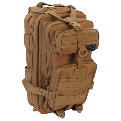 Evolution Outdoor EVODS Assault Pack in Coyote Tan - front view showing MOLLE webbing and compartments