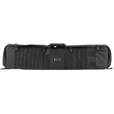 NcStar Rifle Case and Shooting Mat closed, showing MOLLE webbing and backpack straps in black