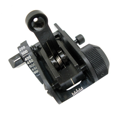 MaTech Mil-Spec BUIS with Ranging folded down on Picatinny rail – front view