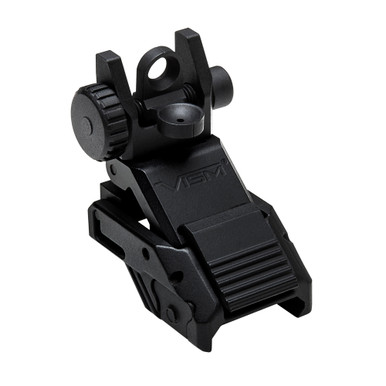 NcStar Pro AR Flip-Up Rear Sight deployed upright showing dual aperture detail