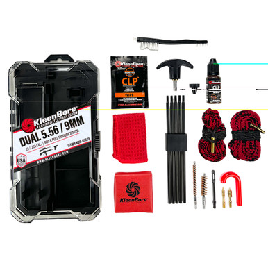 Kleen-Bore Dual Caliber Cleaning Kit for 9mm and 5.56 rifles in storage case