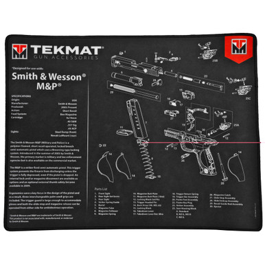 TekMat Ultra 20 S&W M&P Gun Cleaning Mat laid flat showing M&P diagram and stitched edges