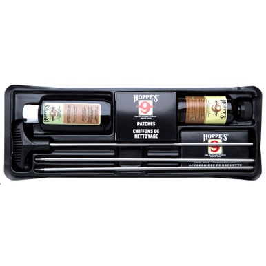 Hoppe's Universal Bench Rest Gun Cleaning Kit with rod, patches, bore cleaner, and oil