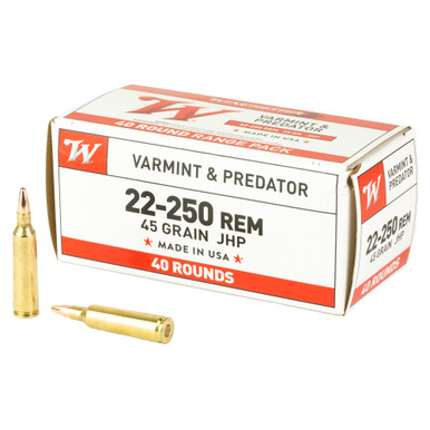 Winchester 22-250 Remington 45gr JHP ammunition box, 40 rounds