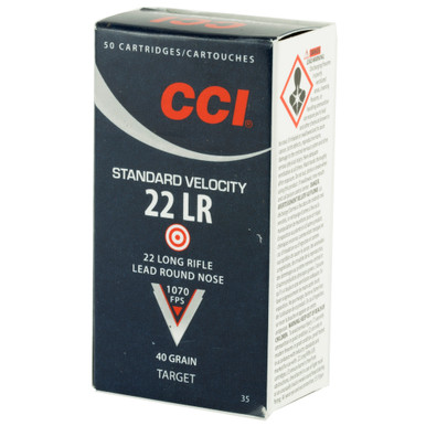CCI Standard Velocity 22 LR ammunition rounds and box detail