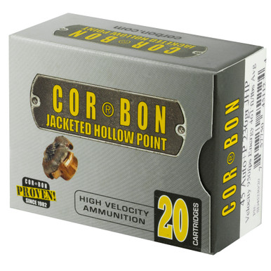 CorBon 45 ACP +P 230gr JHP cartridges close-up showing hollow point cavity