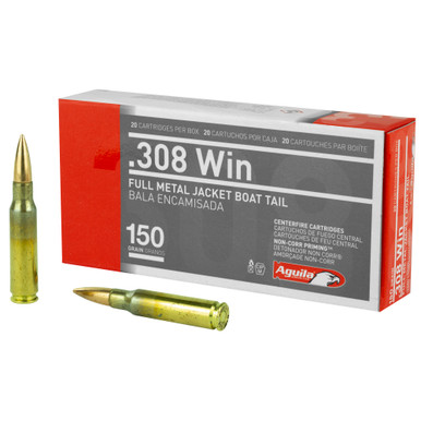 Aguila 308 Winchester 150 Grain FMJ Boat Tail ammunition box front view
