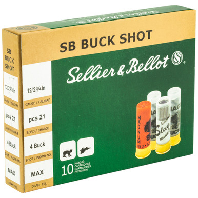 Sellier and Bellot 12 Gauge #4 Buckshot shells and box detail view