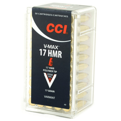 CCI 17 HMR V-MAX cartridge close-up showing polymer tip and boat-tail design